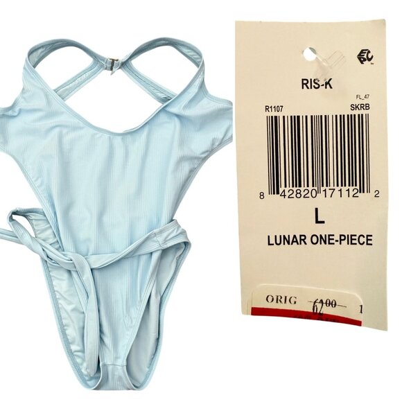 Lunar One Piece Swimsuit Size Large Tie Waist Racerback Design Ris-K Beach Blue - Picture 5 of 9